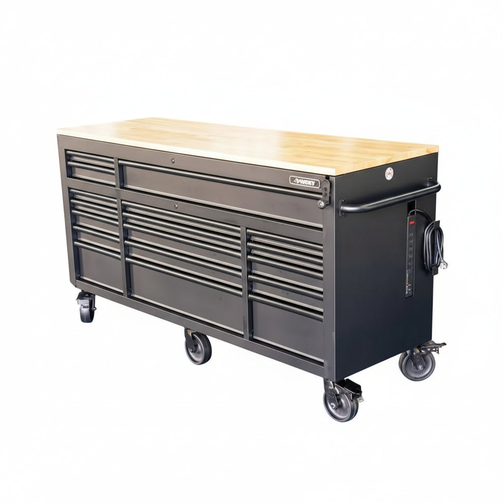 72 In. W X 24 In. D Heavy Duty 18-Drawer Mobile Workbench Cabinet with Adjustable-Height Hardwood Top in Matte Black