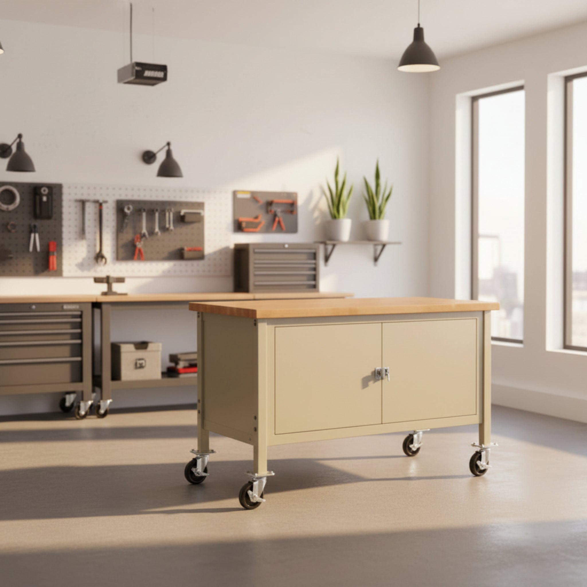 Mobile Workbench with Security Cabinet - Tan