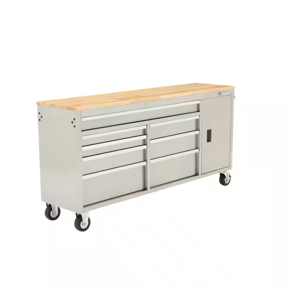 72 In. W X 18 In. D Heavy Duty 8-Drawer 1-Door Mobile Workbench Tool Chest with Solid Wood Top in Stainless Steel