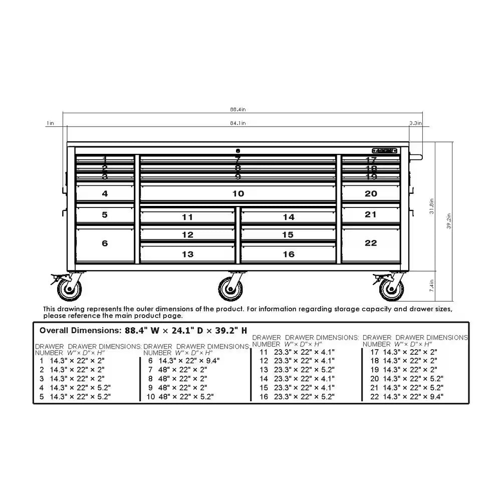 Tool Storage 84 In. W X 24 In. D Heavy Duty Mobile Workbench Tool Chest with Stainless Steel Work Top in Matte Black